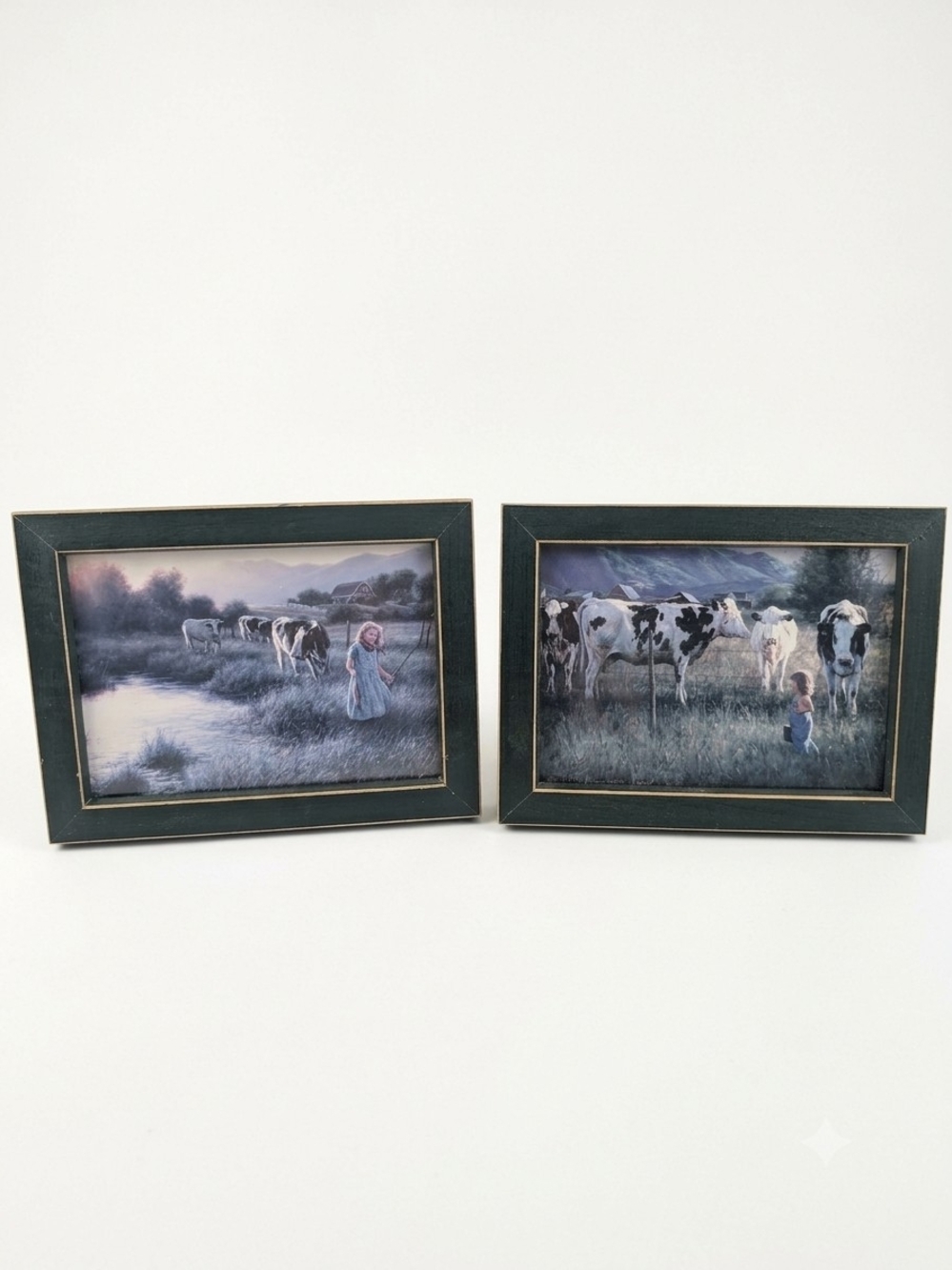 Rustic Farmhouse Framed Art Prints Cows & Country Pasture Scenes Set of 2